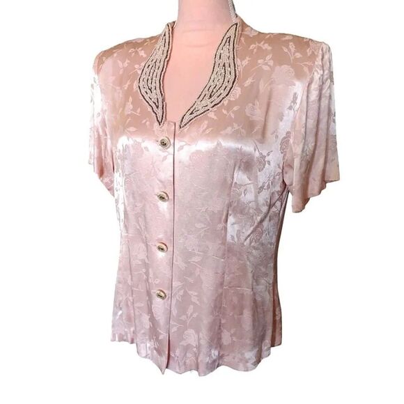 VTG 80s Pink Floral Satin Beaded Pearl Applique Button Up Cottagecore Blouse XL - Picture 6 of 17